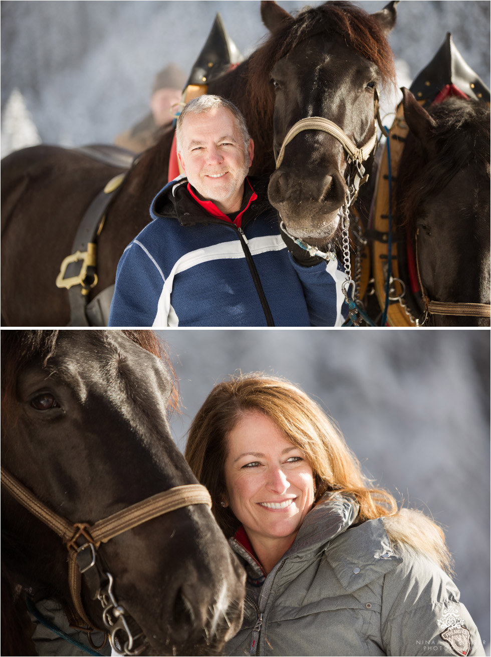 lovely couple with horses during a sleigh ride in st. anton am arlberg - Blog of Nina Hintringer Photography - Wedding Photography, Wedding Reportage and Destination Weddings