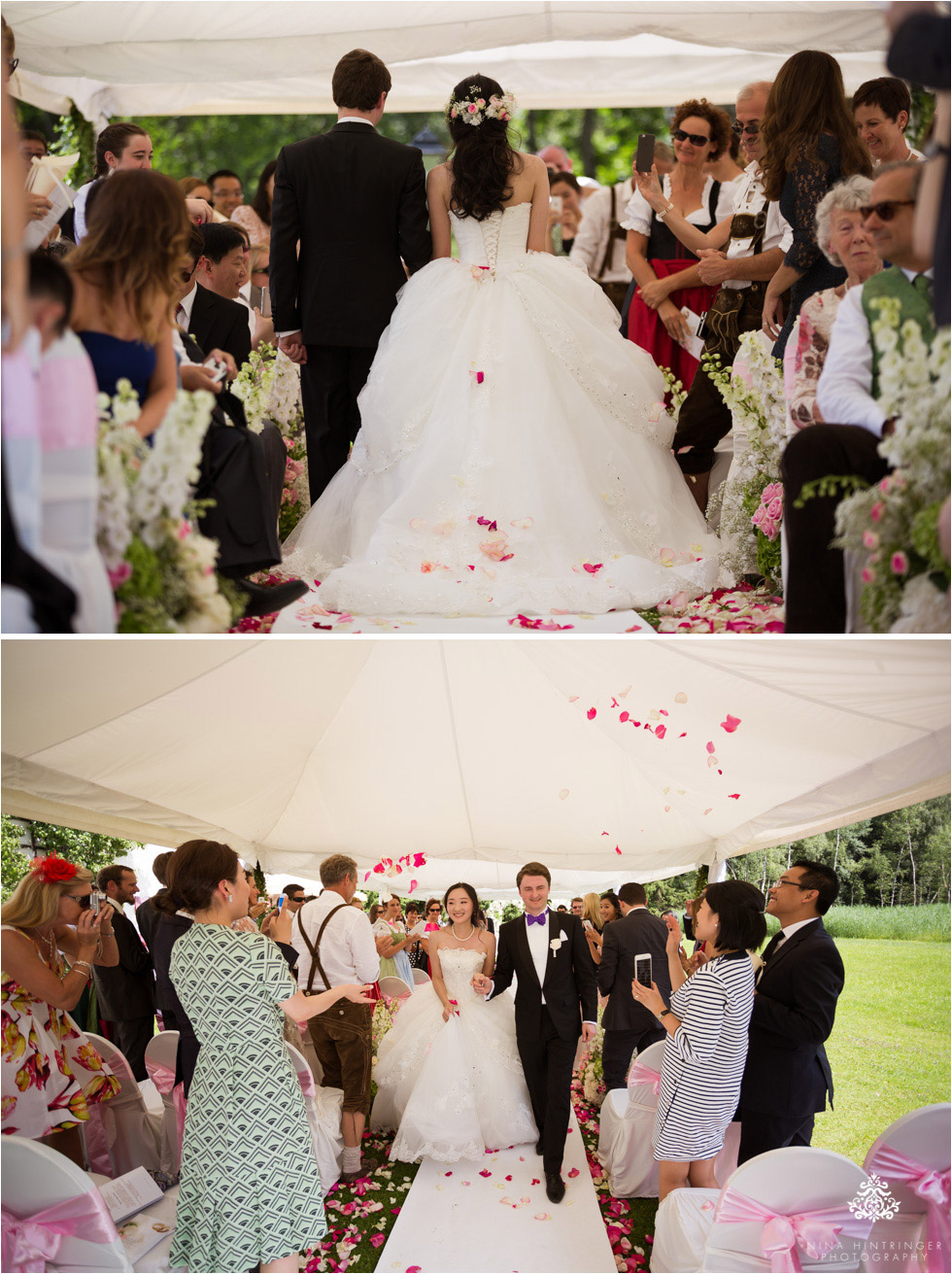 Bride and groom walking down the aisle as husband and wife in Zell am See, Schloss Prielau, Austria - Blog of Nina Hintringer Photography - Wedding Photography, Wedding Reportage and Destination Weddings