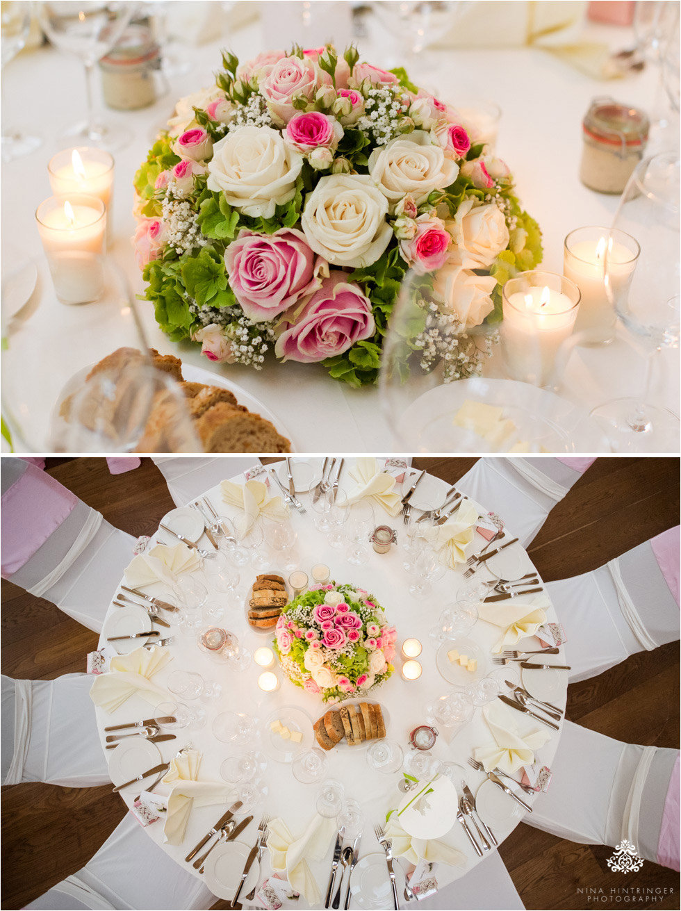 Centerpieces and table decoration at the ballroom at Schloss Prielau, Zell am See, Salzburg, Austria - Blog of Nina Hintringer Photography - Wedding Photography, Wedding Reportage and Destination Weddings