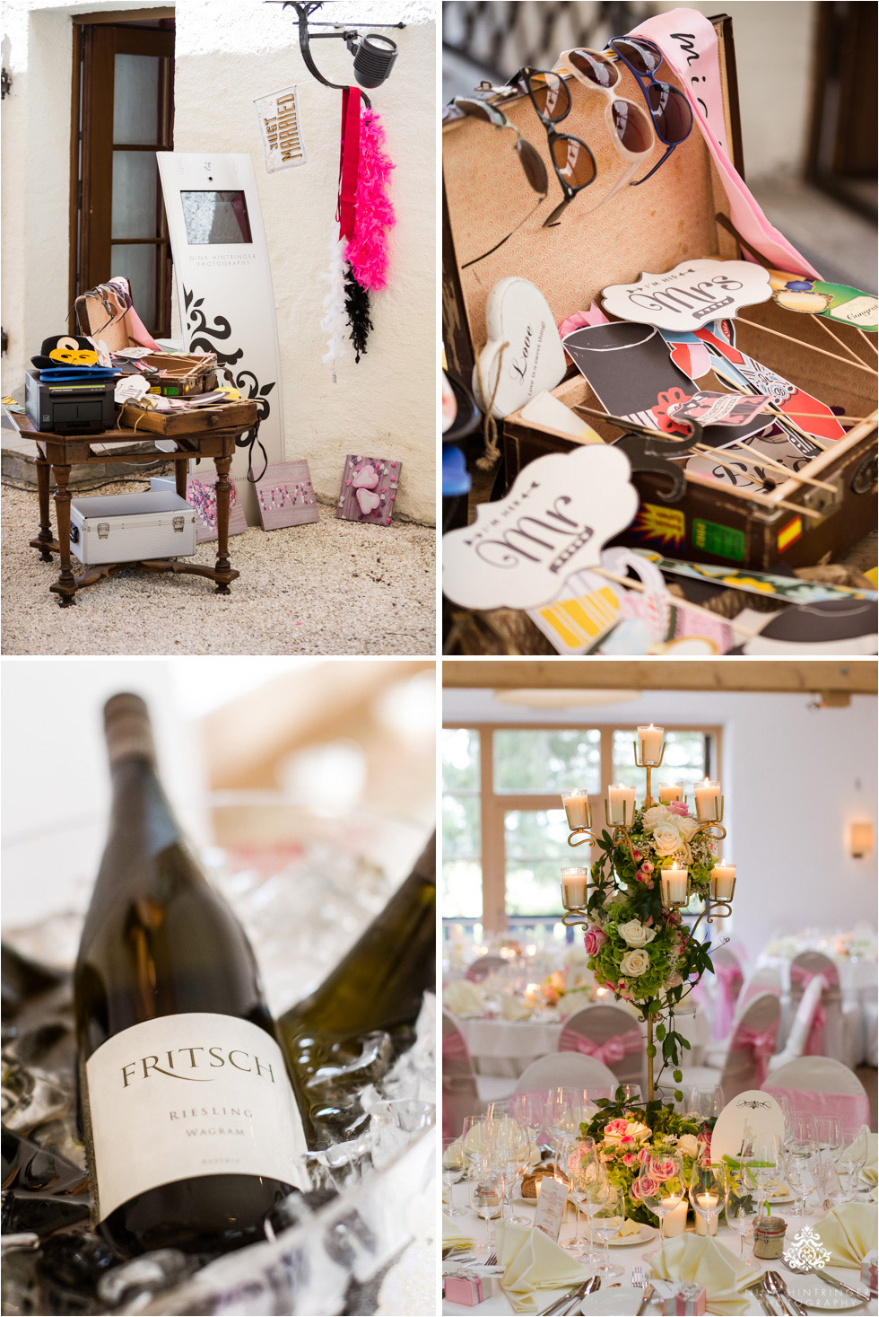 Centerpieces, wine bottle and PhotoBooth for some fun on the wedding day at Schloss Prielau, Zell am See, Salzburg, Austria - Blog of Nina Hintringer Photography - Wedding Photography, Wedding Reportage and Destination Weddings