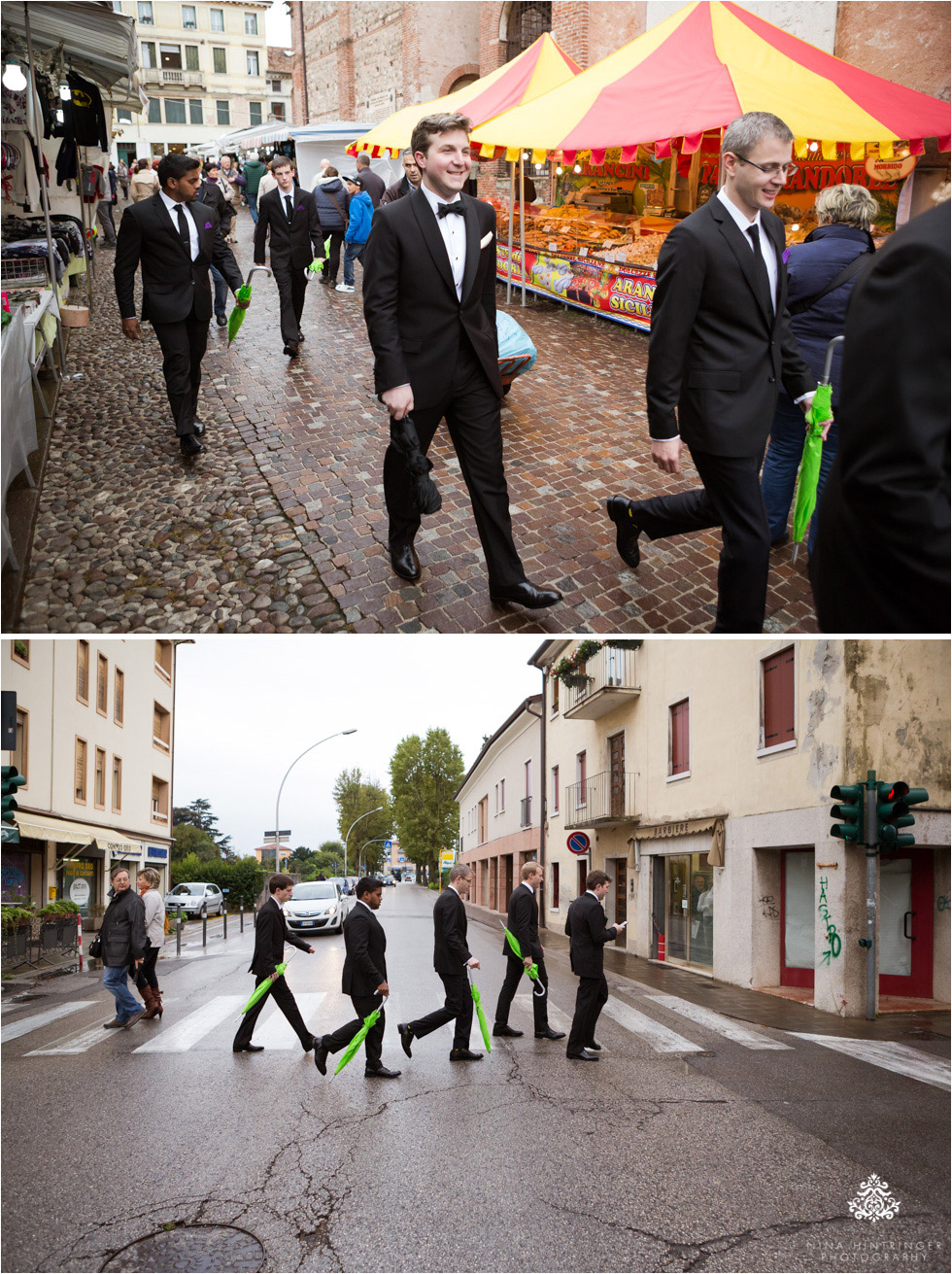 Groom and groomsmen walking to church, SS. Trinita in Bassano where several family members have also gotten married - Blog of Nina Hintringer Photography - Wedding Photography, Wedding Reportage and Destination Weddings