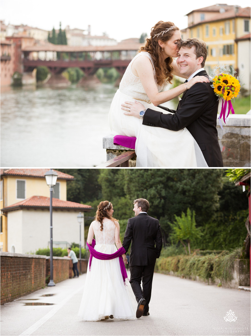 Bride and groom in front of the Ponte Vecchio in Bassano del Grappa, Italy - Blog of Nina Hintringer Photography - Wedding Photography, Wedding Reportage and Destination Weddings